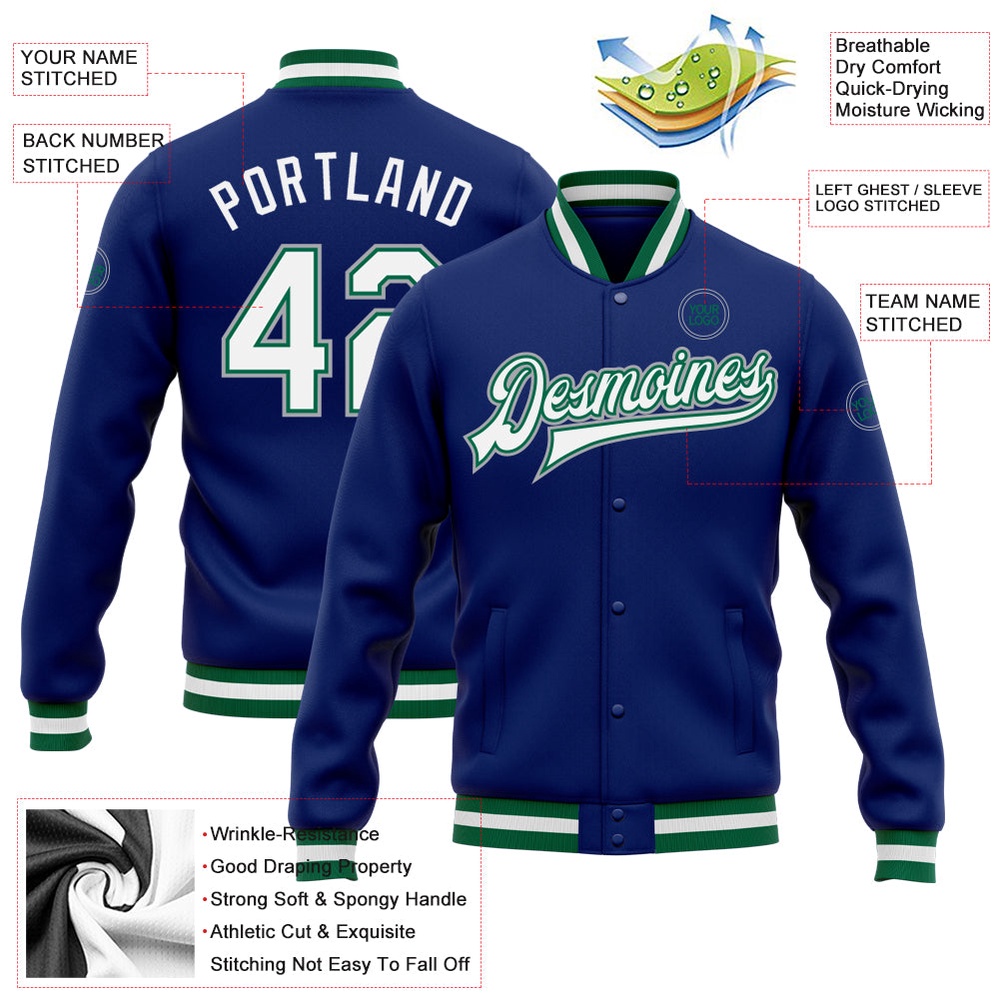 Custom Royal White Kelly Green Gray Bomber Full Snap Baseball Jacket, Custom Team Jacket
