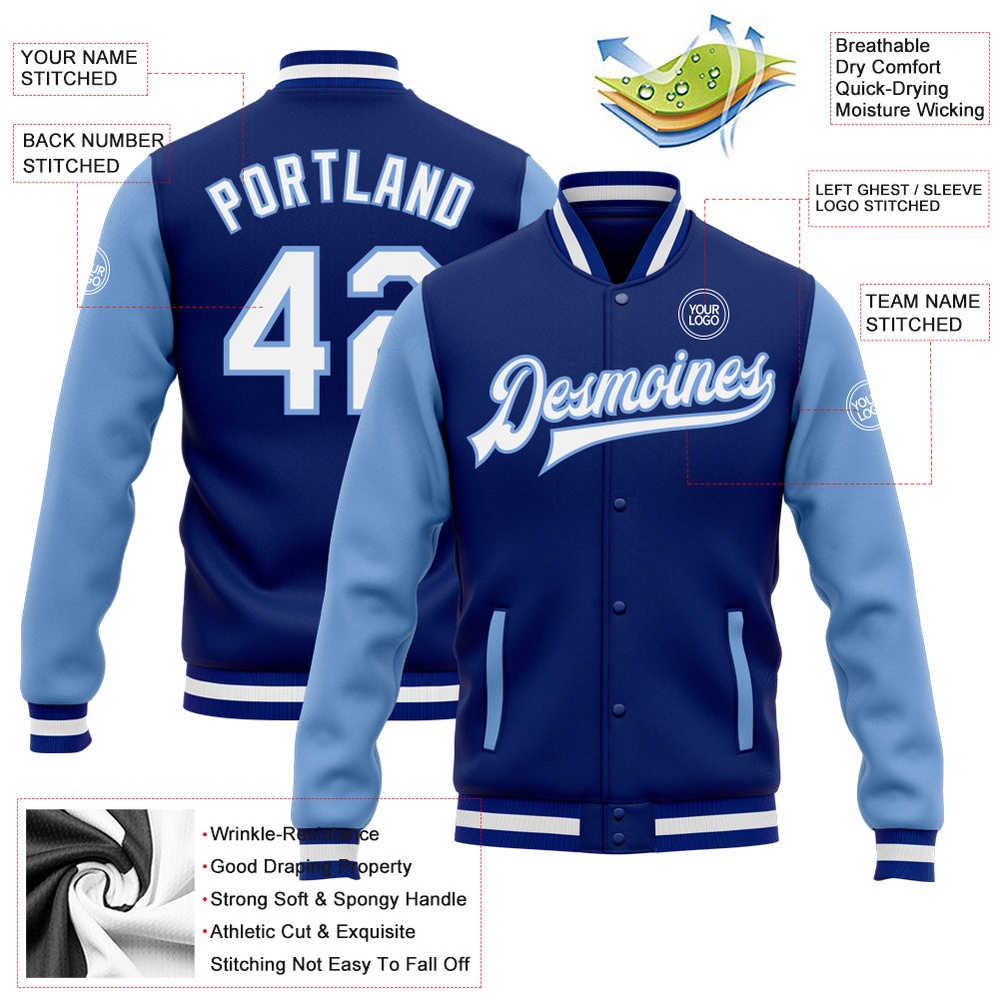 Custom Royal White Light Blue Bomber Full Snap Varsity Baseball Jacket, Custom Team Jacket Custom Royal White Light Blue Bomber Full Snap Varsity Baseball Jacket, Custom Team Jacket