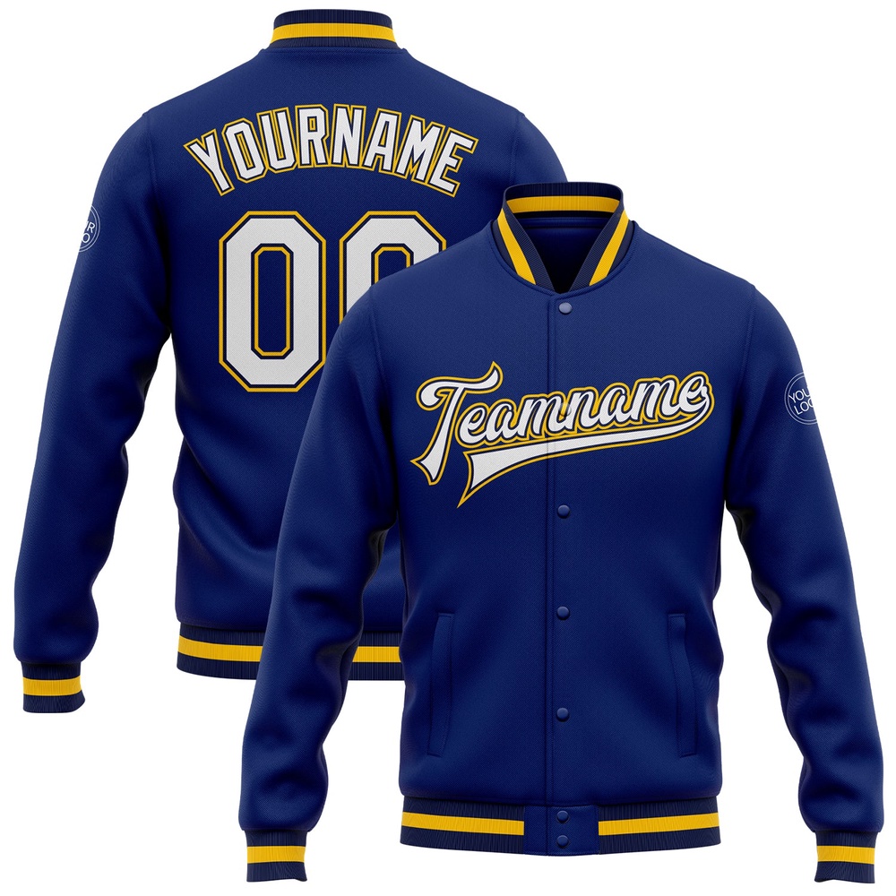 Custom Royal White Navy Gold Bomber Full Snap Baseball Jacket, Custom Team Jacket Custom Royal White Navy Gold Bomber Full Snap Baseball Jacket, Custom Team Jacket