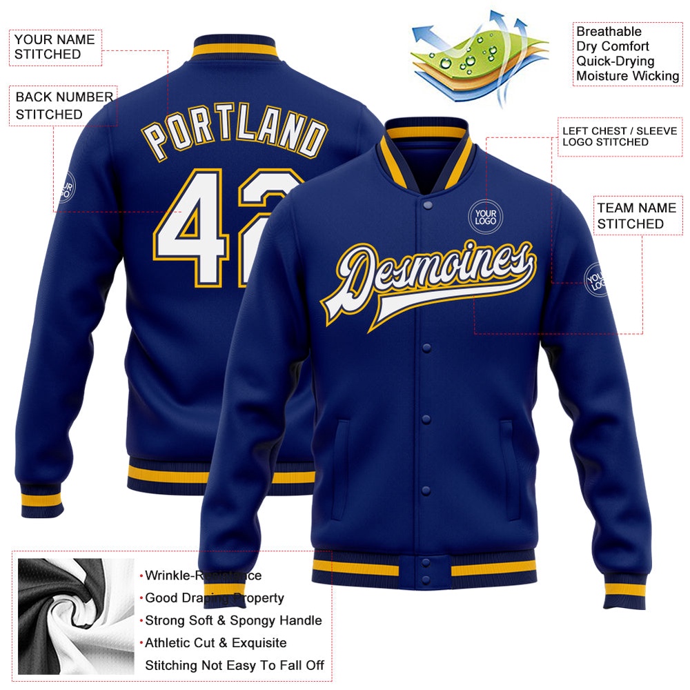 Custom Royal White Navy Gold Bomber Full Snap Baseball Jacket, Custom Team Jacket Custom Royal White Navy Gold Bomber Full Snap Baseball Jacket, Custom Team Jacket
