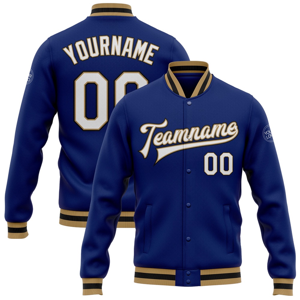 Custom Royal White Old Gold Black Bomber Full Snap Baseball Jacket, Custom Team Jacket Custom Royal White Old Gold Black Bomber Full Snap Baseball Jacket, Custom Team Jacket