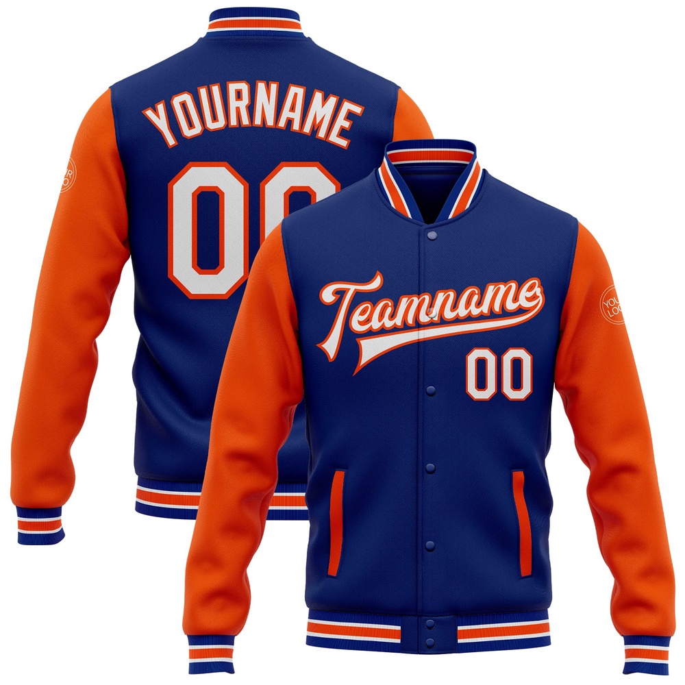 Custom Royal White Orange Bomber Full Snap Varsity Baseball Jacket, Custom Team Jacket Custom Royal White Orange Bomber Full Snap Varsity Baseball Jacket, Custom Team Jacket