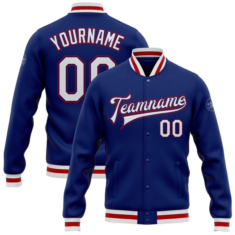 Custom Royal White Red Bomber Full Snap Baseball Jacket, Custom Team Jacket Custom Royal White Red Bomber Full Snap Baseball Jacket, Custom Team Jacket
