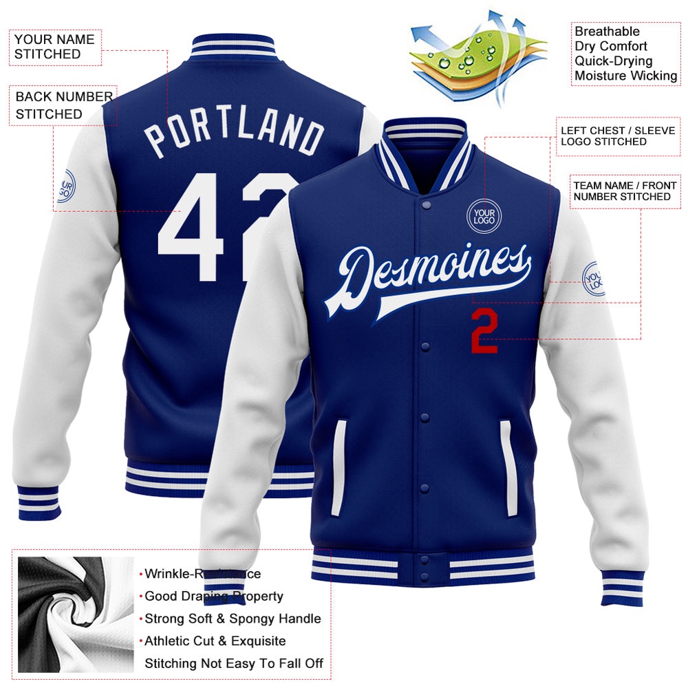 Custom Royal White Red Bomber Full Snap Varsity Baseball Jacket, Custom Team Jacket