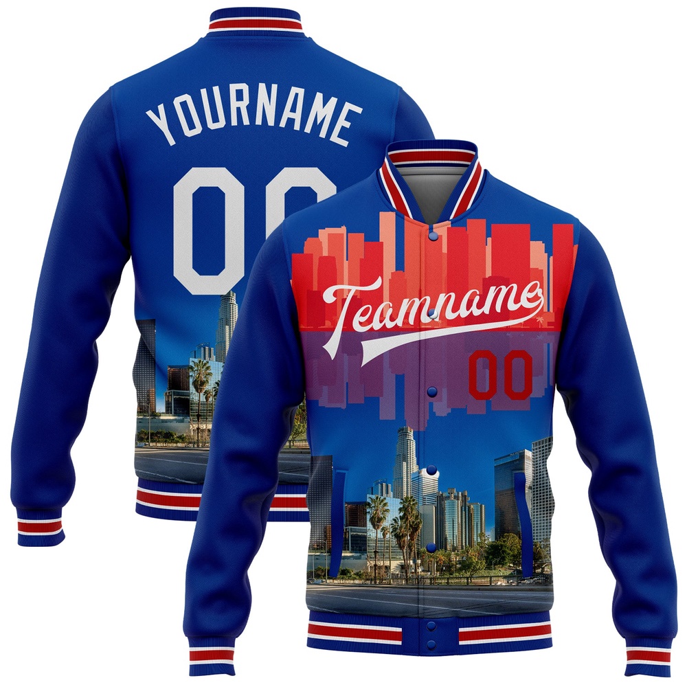 Custom Royal White Red Los Angeles California City Edition 3D Bomber Full Snap Baseball Jacket, Custom Team Jacket Custom Royal White Red Los Angeles California City Edition 3D Bomber Full Snap Baseball Jacket, Custom Team Jacket