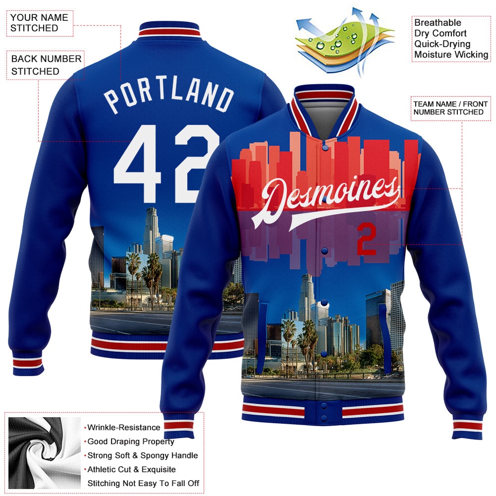 Custom Royal White Red Los Angeles California City Edition 3D Bomber Full Snap Baseball Jacket, Custom Team Jacket Custom Royal White Red Los Angeles California City Edition 3D Bomber Full Snap Baseball Jacket, Custom Team Jacket