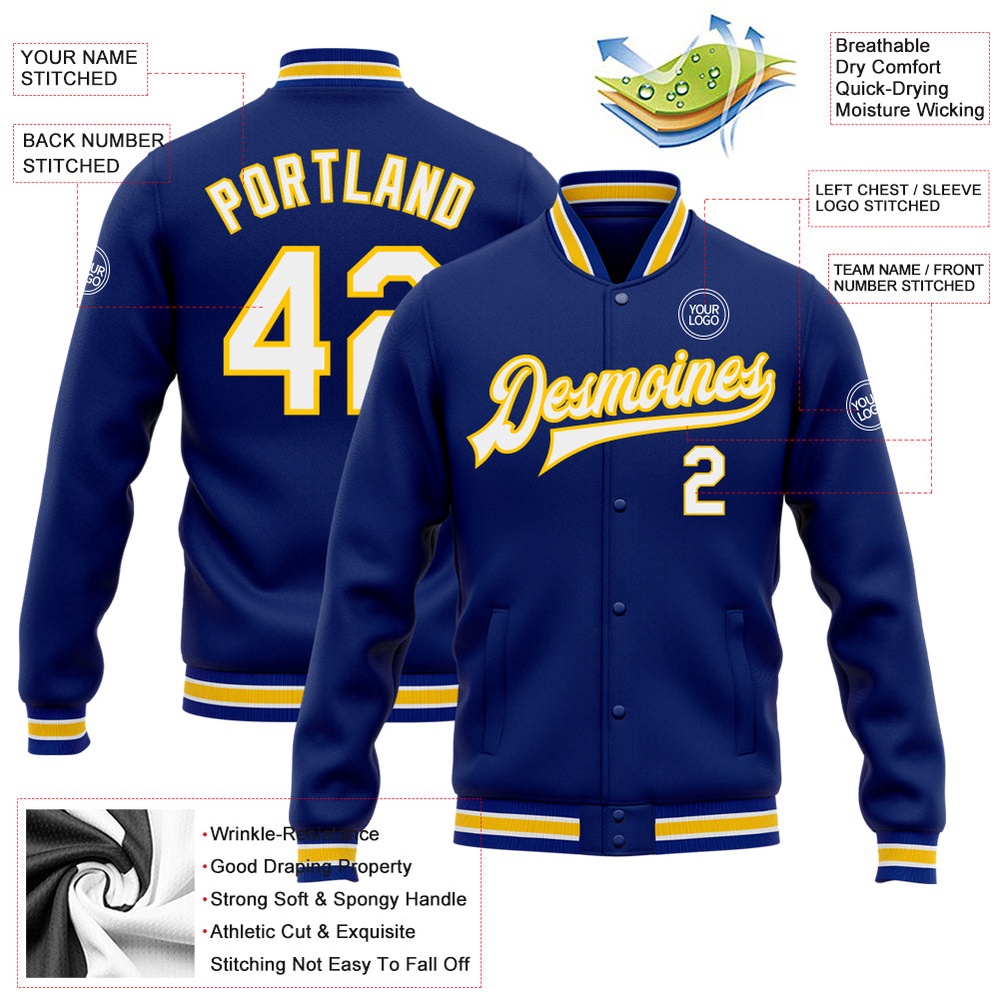 Custom Royal White Yellow Bomber Full Snap Baseball Jacket, Custom Team Jacket