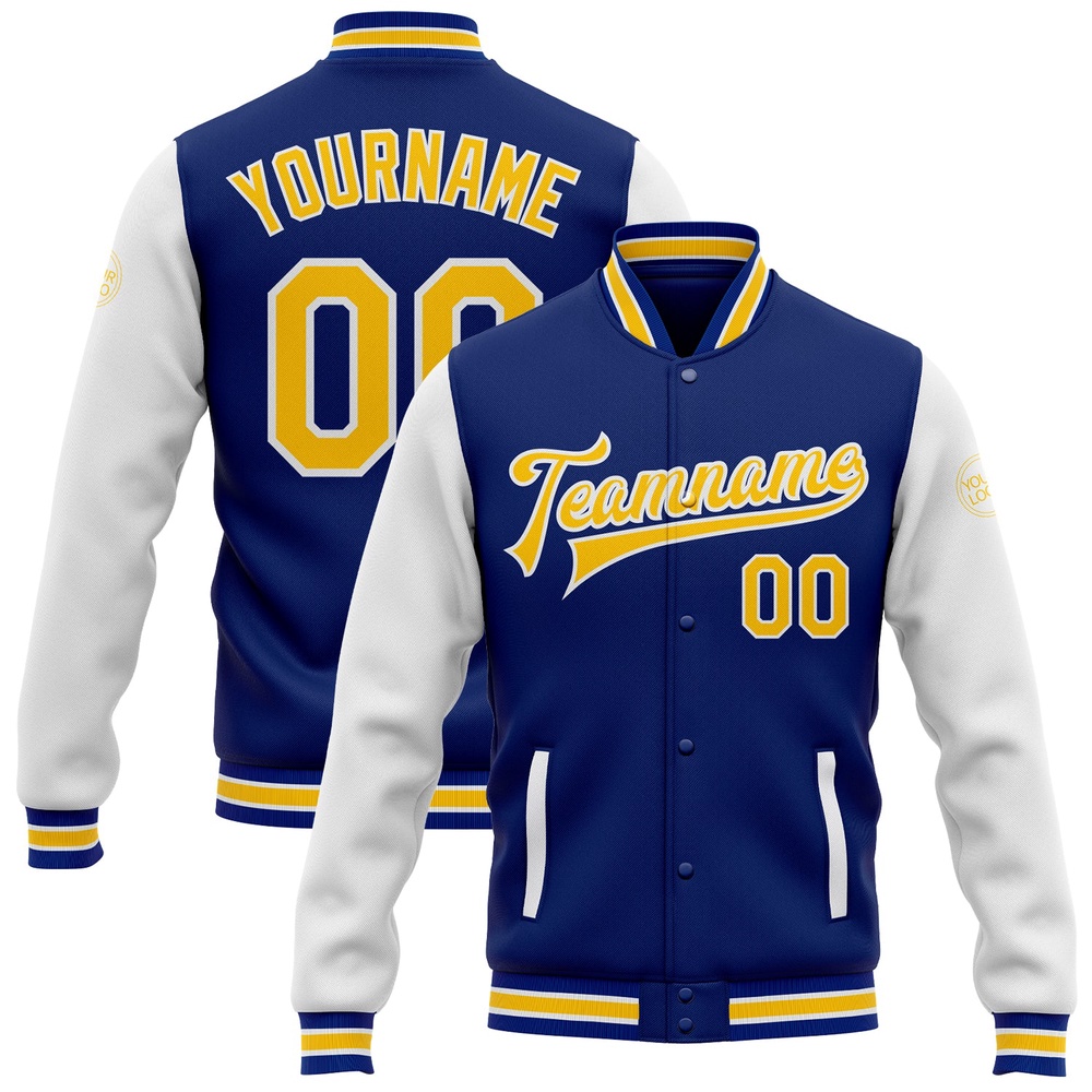 Custom Royal Yellow White Bomber Full Snap Varsity Baseball Jacket, Custom Team Jacket Custom Royal Yellow White Bomber Full Snap Varsity Baseball Jacket, Custom Team Jacket