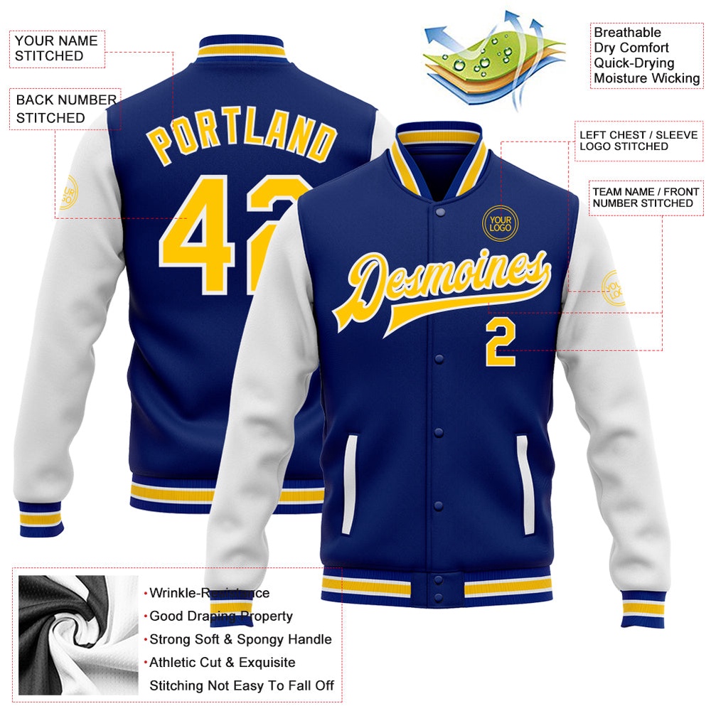 Custom Royal Yellow White Bomber Full Snap Varsity Baseball Jacket, Custom Team Jacket Custom Royal Yellow White Bomber Full Snap Varsity Baseball Jacket, Custom Team Jacket