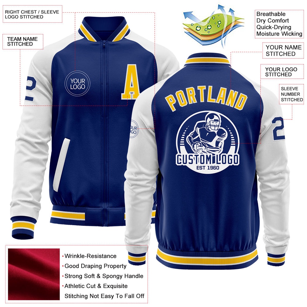 Custom Royal Yellow White Bomber Varsity Baseball Jacket, Custom Team Jacket Custom Royal Yellow White Bomber Varsity Baseball Jacket, Custom Team Jacket