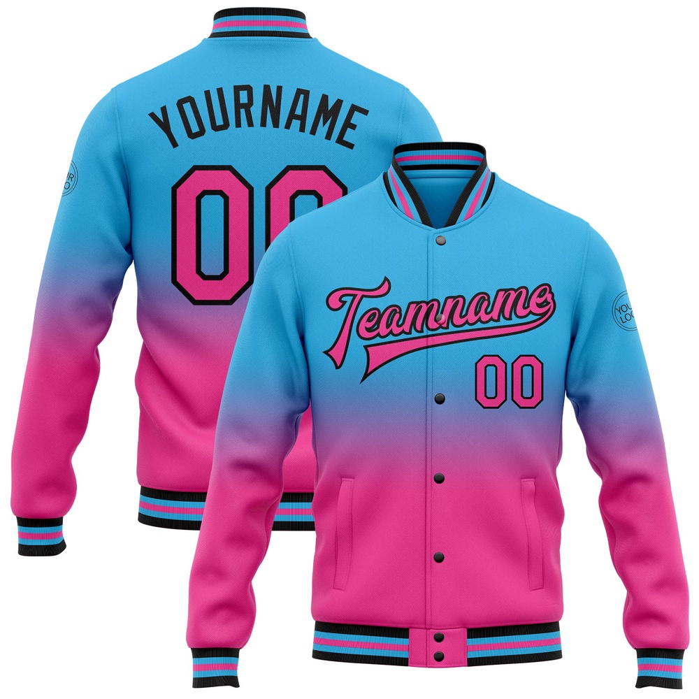 Custom Sky Blue Pink Black Bomber Full Snap Baseball Jacket, Custom Team Jacket
