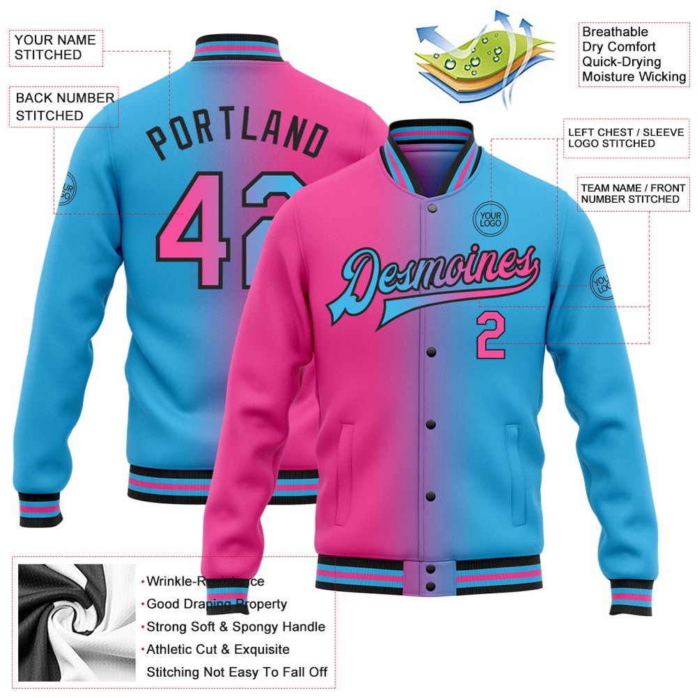 Custom Sky Blue Pink Black Bomber Full Snap Varsity Letterman Gradient Fashion Jacket, Custom Team Jacket