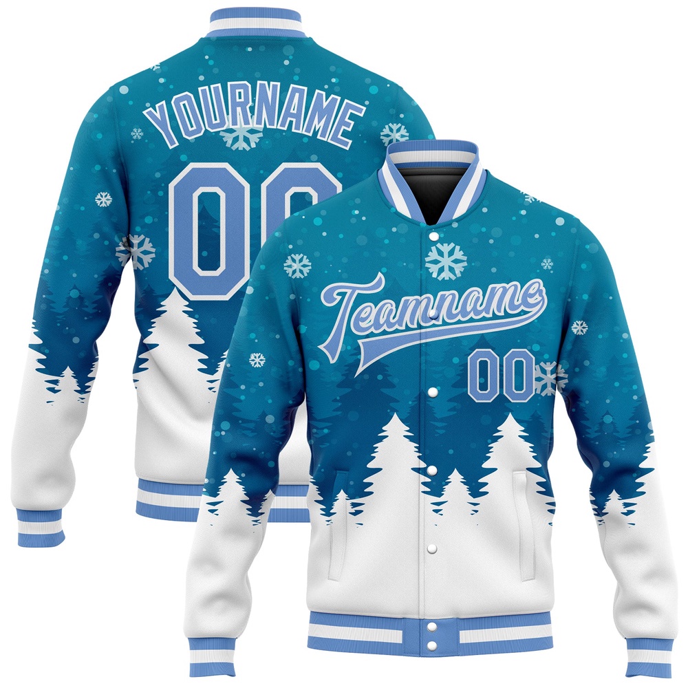 Custom Teal Light Blue White Christmas 3D Bomber Full Snap Baseball Jacket, Custom Team Jacket