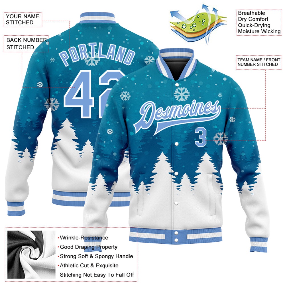 Custom Teal Light Blue White Christmas 3D Bomber Full Snap Baseball Jacket, Custom Team Jacket