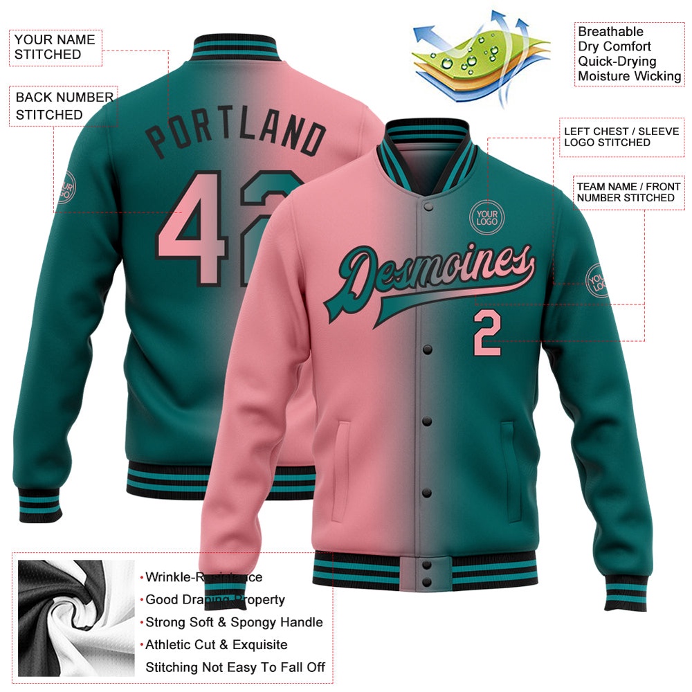 Custom Teal Medium Pink Black Bomber Full Snap Varsity Letterman Gradient Fashion Jacket, Custom Team Jacket