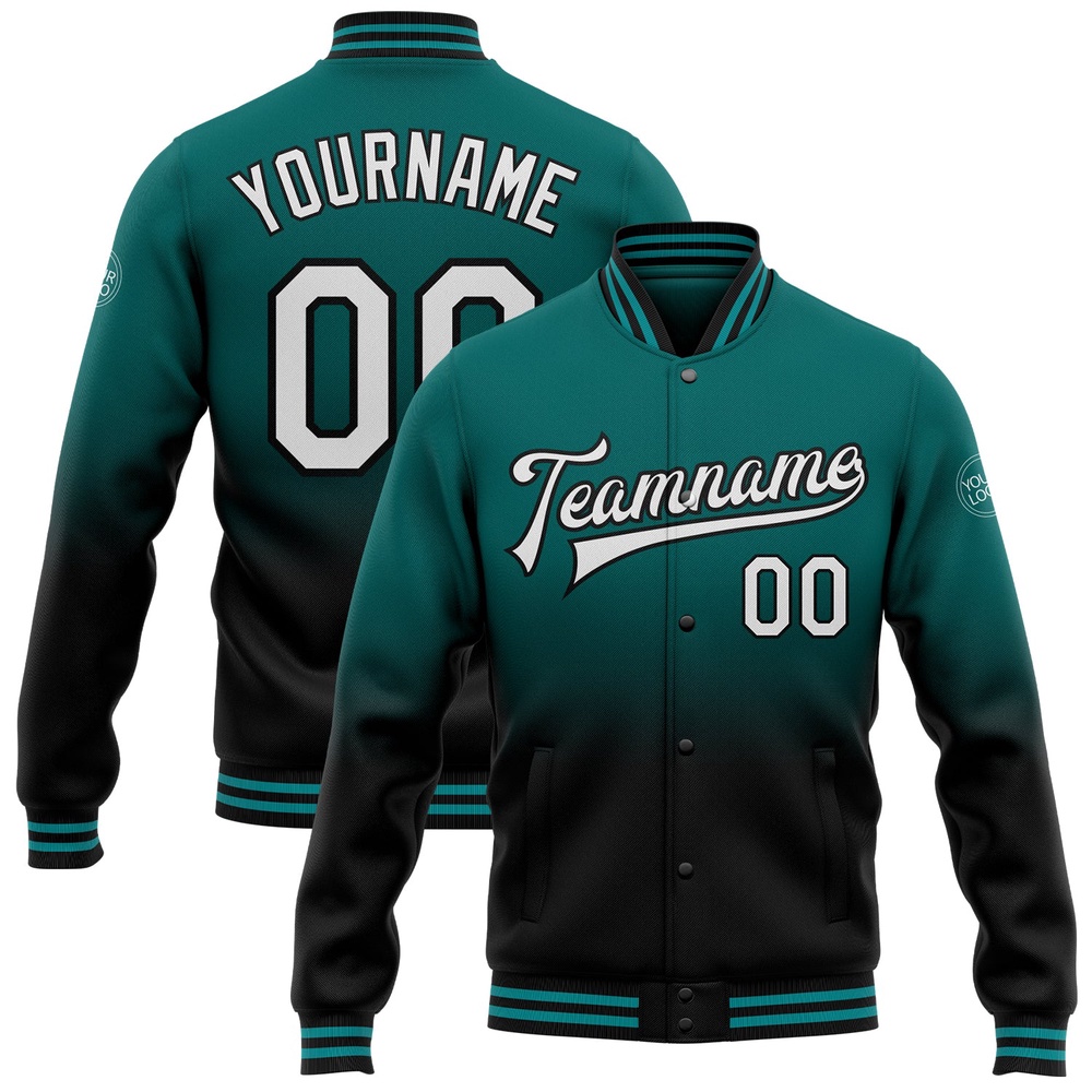 Custom Teal White Black Bomber Full Snap Baseball Jacket, Custom Team Jacket Custom Teal White Black Bomber Full Snap Baseball Jacket, Custom Team Jacket
