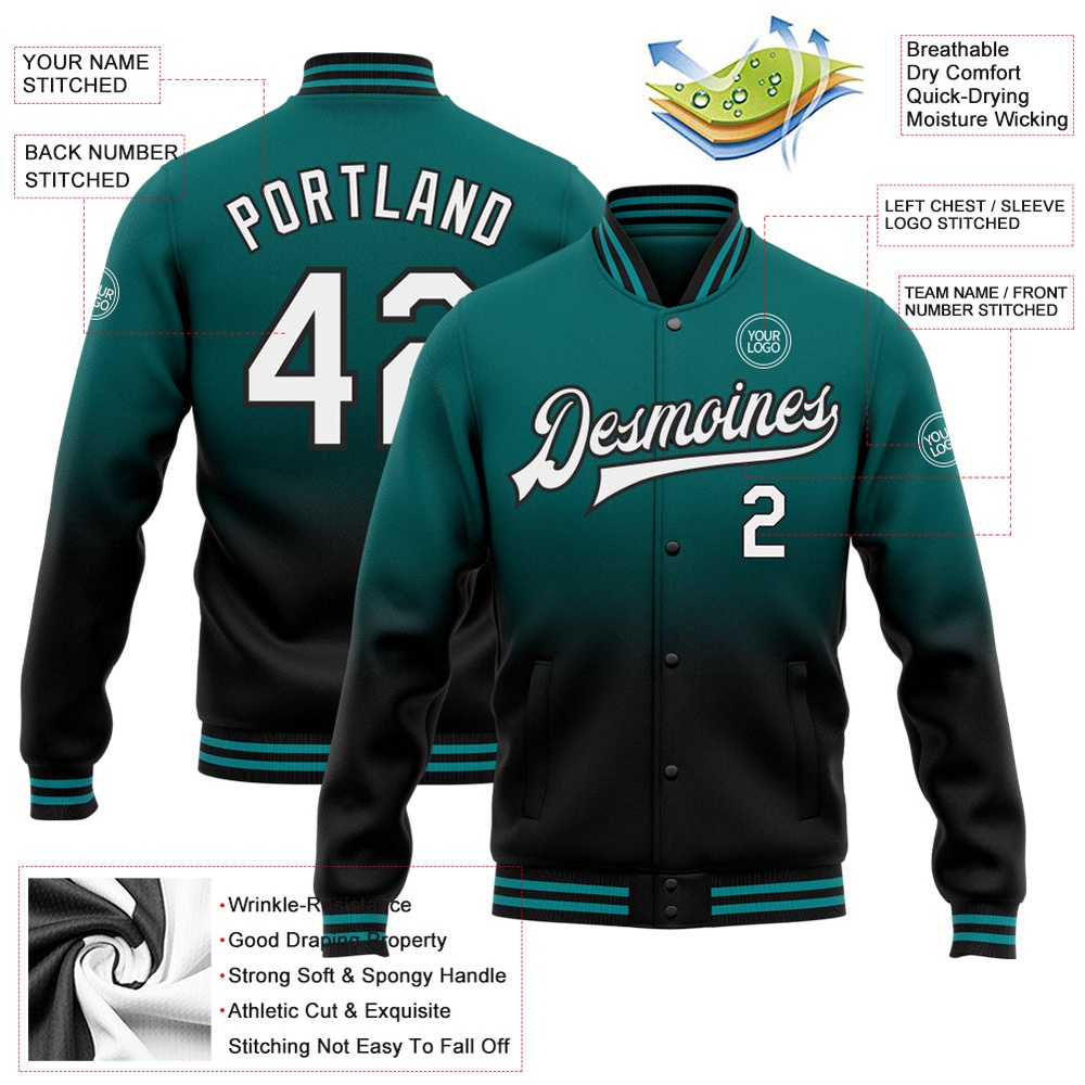 Custom Teal White Black Bomber Full Snap Baseball Jacket, Custom Team Jacket Custom Teal White Black Bomber Full Snap Baseball Jacket, Custom Team Jacket