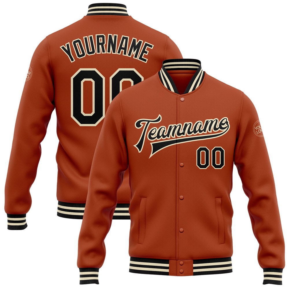 Custom Texas Orange Black Cream Bomber Full Snap Baseball Jacket, Custom Team Jacket