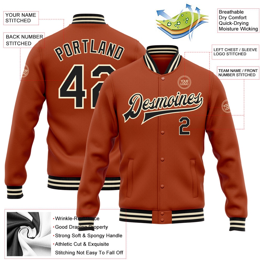 Custom Texas Orange Black Cream Bomber Full Snap Baseball Jacket, Custom Team Jacket