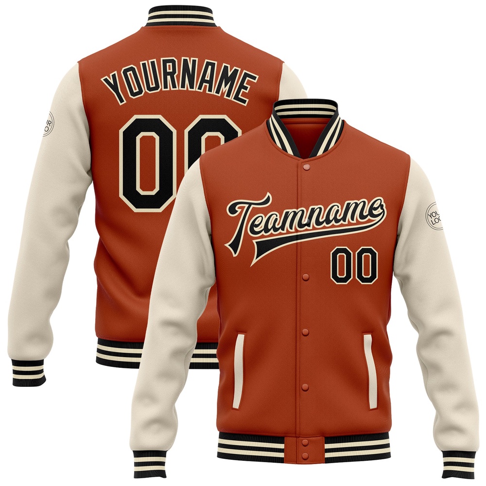 Custom Texas Orange Black Cream Bomber Full Snap Varsity Baseball Jacket, Custom Team Jacket