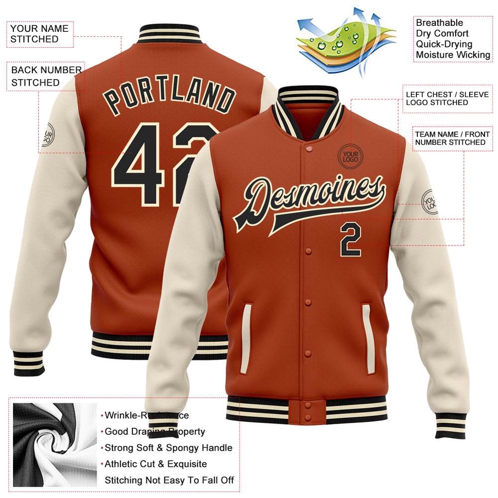 Custom Texas Orange Black Cream Bomber Full Snap Varsity Baseball Jacket, Custom Team Jacket