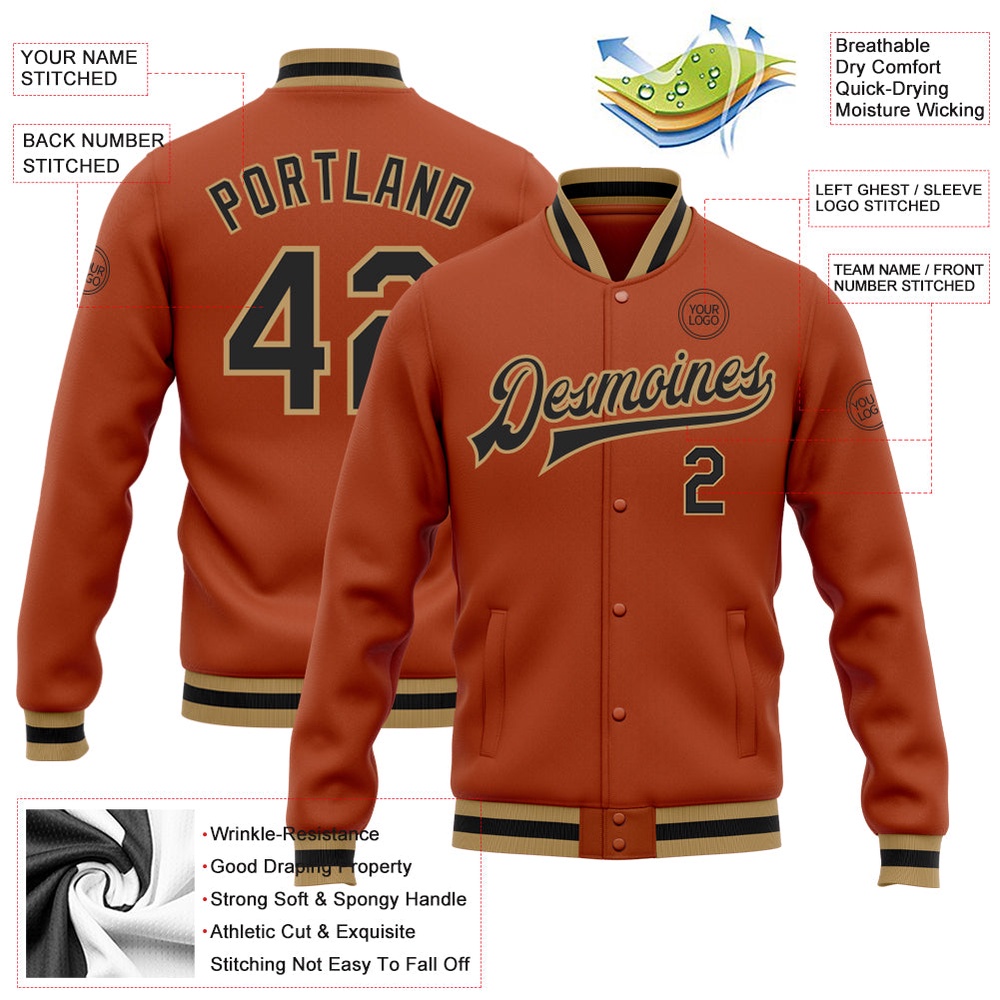 Custom Texas Orange Black Old Gold Bomber Full Snap Baseball Jacket, Custom Team Jacket