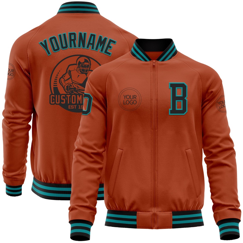 Custom Texas Orange Black Teal Bomber Varsity Baseball Jacket, Custom Team Jacket