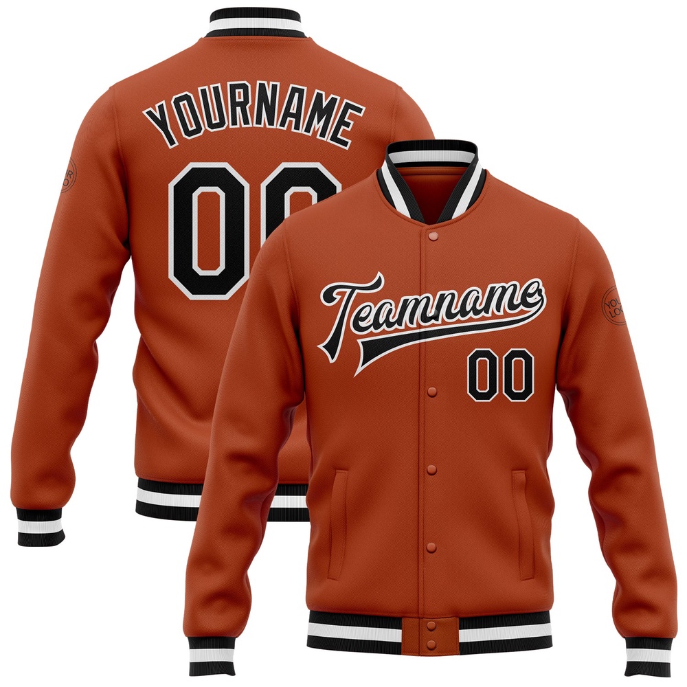 Custom Texas Orange Black White Bomber Full Snap Baseball Jacket, Custom Team Jacket