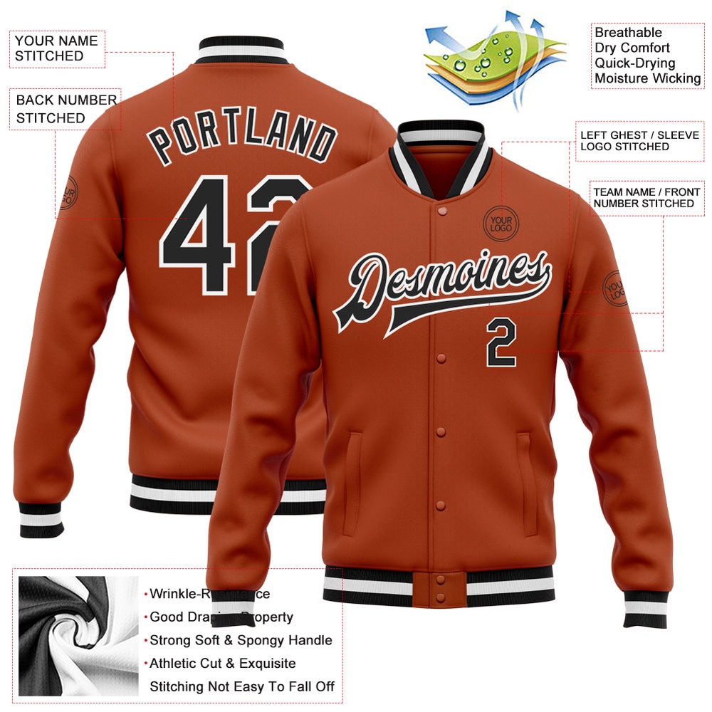 Custom Texas Orange Black White Bomber Full Snap Baseball Jacket, Custom Team Jacket