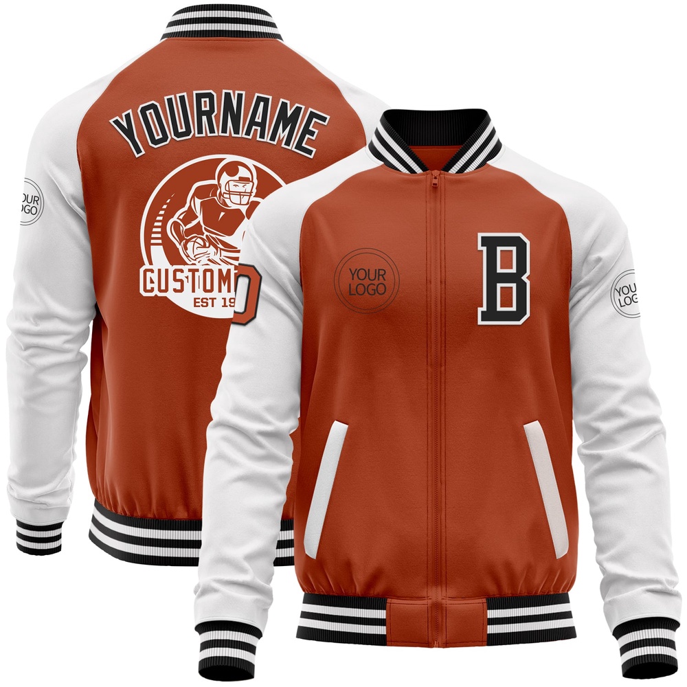 Custom Texas Orange Black White Bomber Varsity Baseball Jacket, Custom Team Jacket