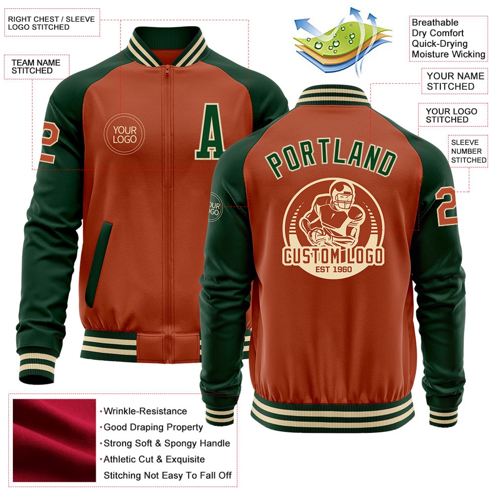 Custom Texas Orange Cream Green Bomber Varsity Baseball Jacket, Custom Team Jacket