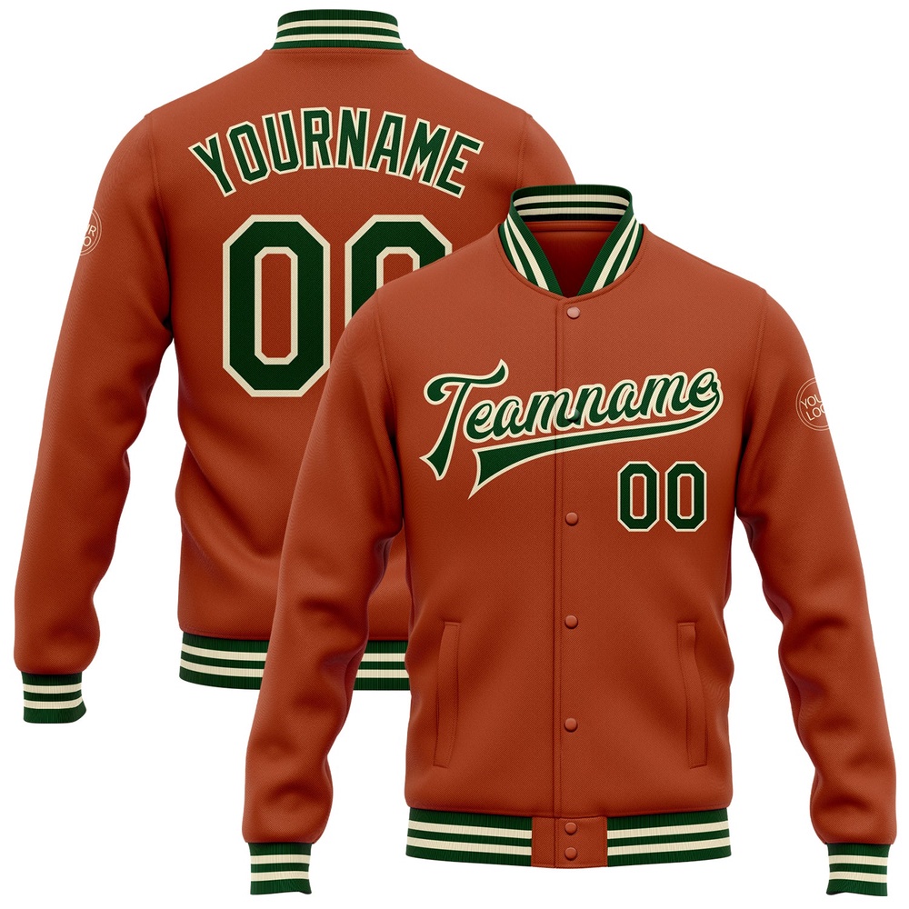 Custom Texas Orange Green Cream Bomber Full Snap Baseball Jacket, Custom Team Jacket Custom Texas Orange Green Cream Bomber Full Snap Baseball Jacket, Custom Team Jacket