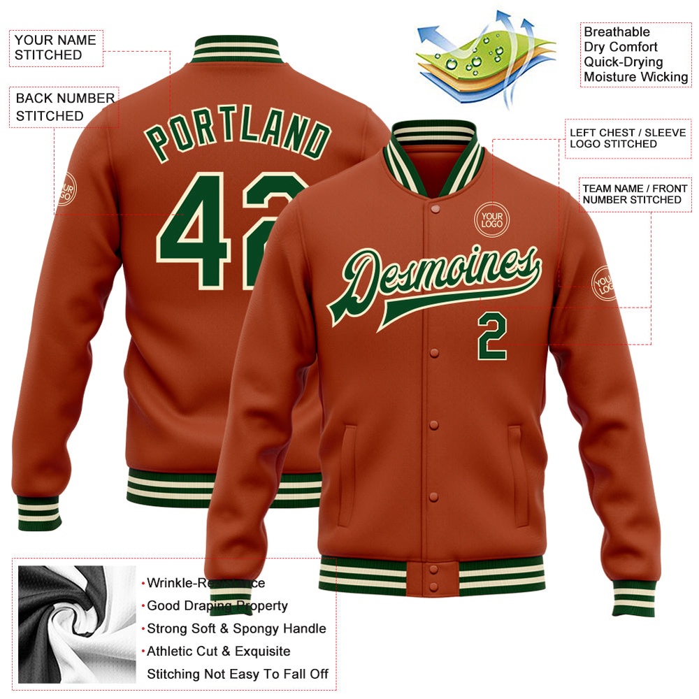 Custom Texas Orange Green Cream Bomber Full Snap Baseball Jacket, Custom Team Jacket Custom Texas Orange Green Cream Bomber Full Snap Baseball Jacket, Custom Team Jacket