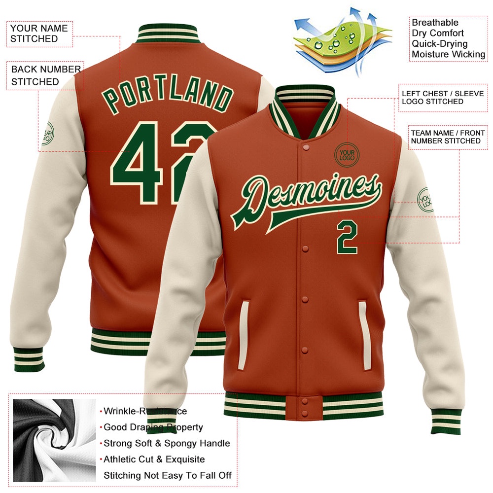 Custom Texas Orange Green Cream Bomber Full Snap Varsity Baseball Jacket, Custom Team Jacket