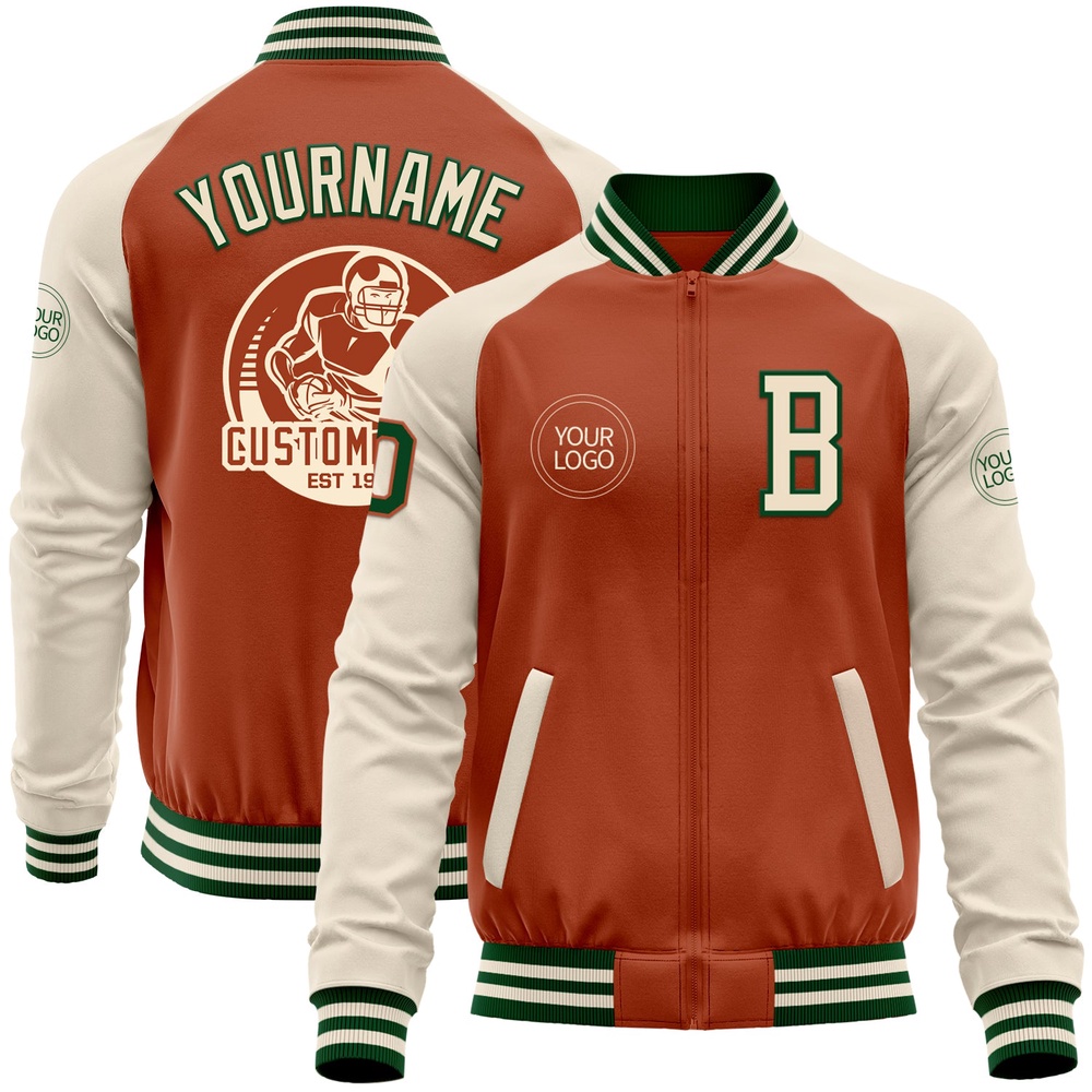 Custom Texas Orange Green Cream Bomber Varsity Baseball Jacket, Custom Team Jacket Custom Texas Orange Green Cream Bomber Varsity Baseball Jacket, Custom Team Jacket