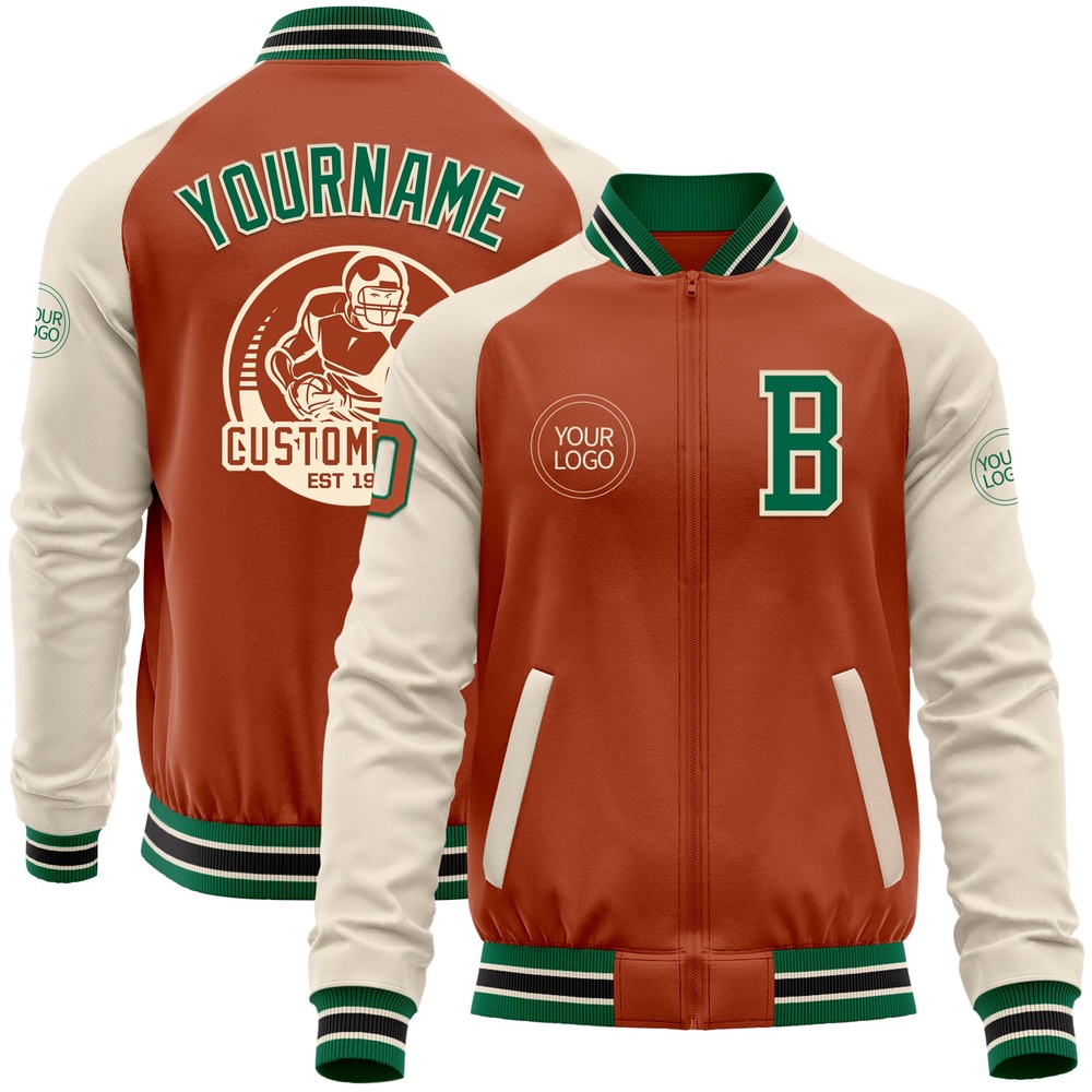 Custom Texas Orange Kelly Green Cream Black Bomber Varsity Baseball Jacket, Custom Team Jacket