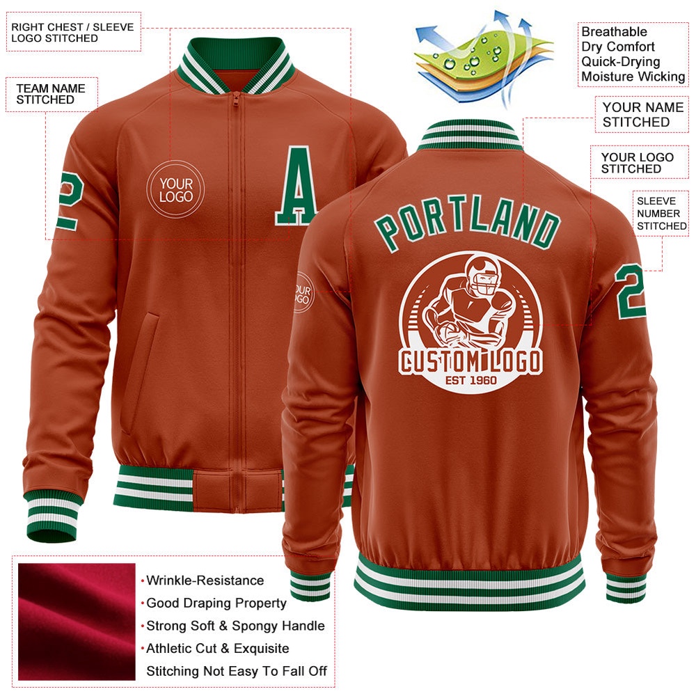 Custom Texas Orange Kelly Green White Bomber Varsity Baseball Jacket, Custom Team Jacket