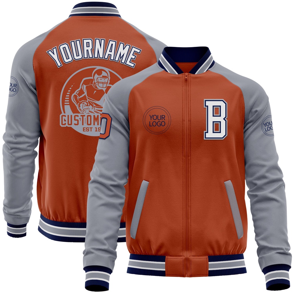 Custom Texas Orange Navy Gray Bomber Varsity Baseball Jacket, Custom Team Jacket Custom Texas Orange Navy Gray Bomber Varsity Baseball Jacket, Custom Team Jacket