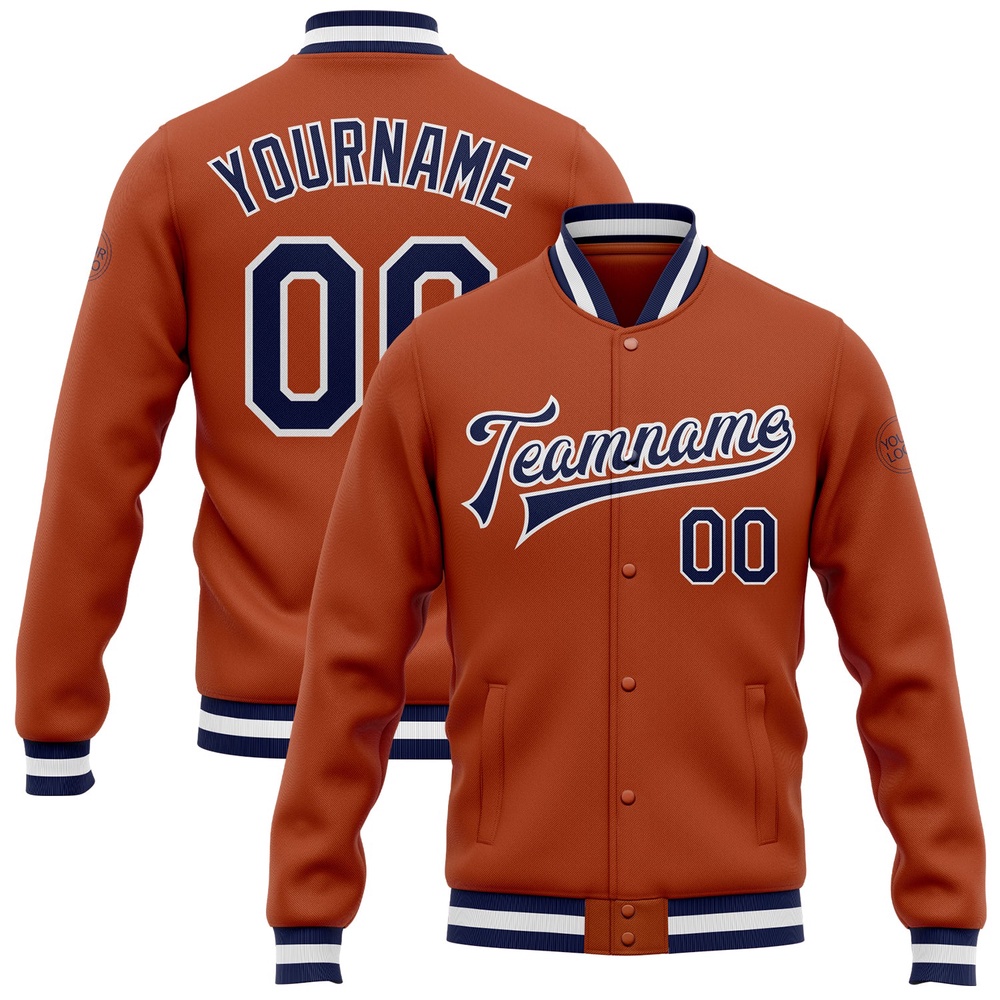 Custom Texas Orange Navy White Bomber Full Snap Baseball Jacket, Custom Team Jacket Custom Texas Orange Navy White Bomber Full Snap Baseball Jacket, Custom Team Jacket