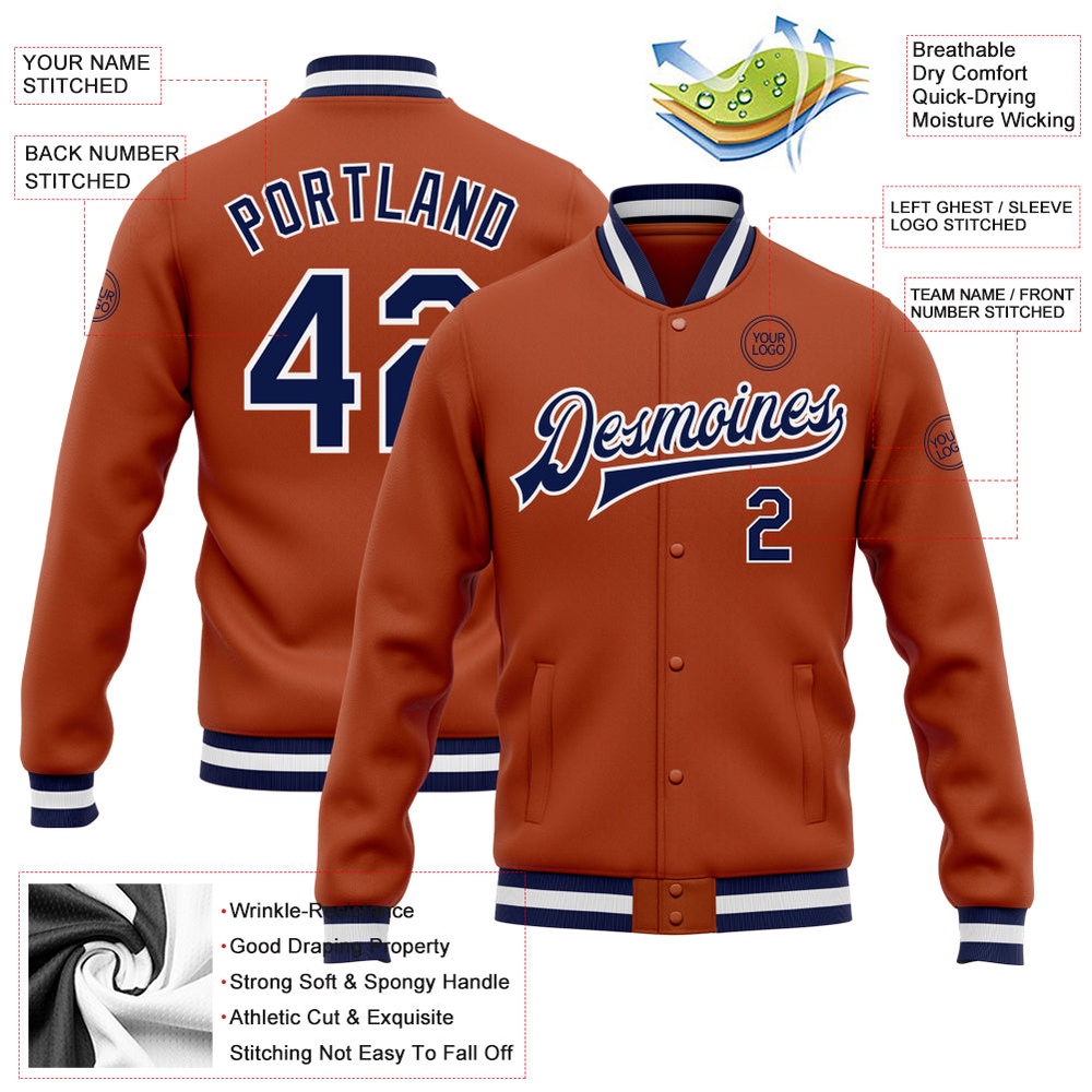 Custom Texas Orange Navy White Bomber Full Snap Baseball Jacket, Custom Team Jacket Custom Texas Orange Navy White Bomber Full Snap Baseball Jacket, Custom Team Jacket