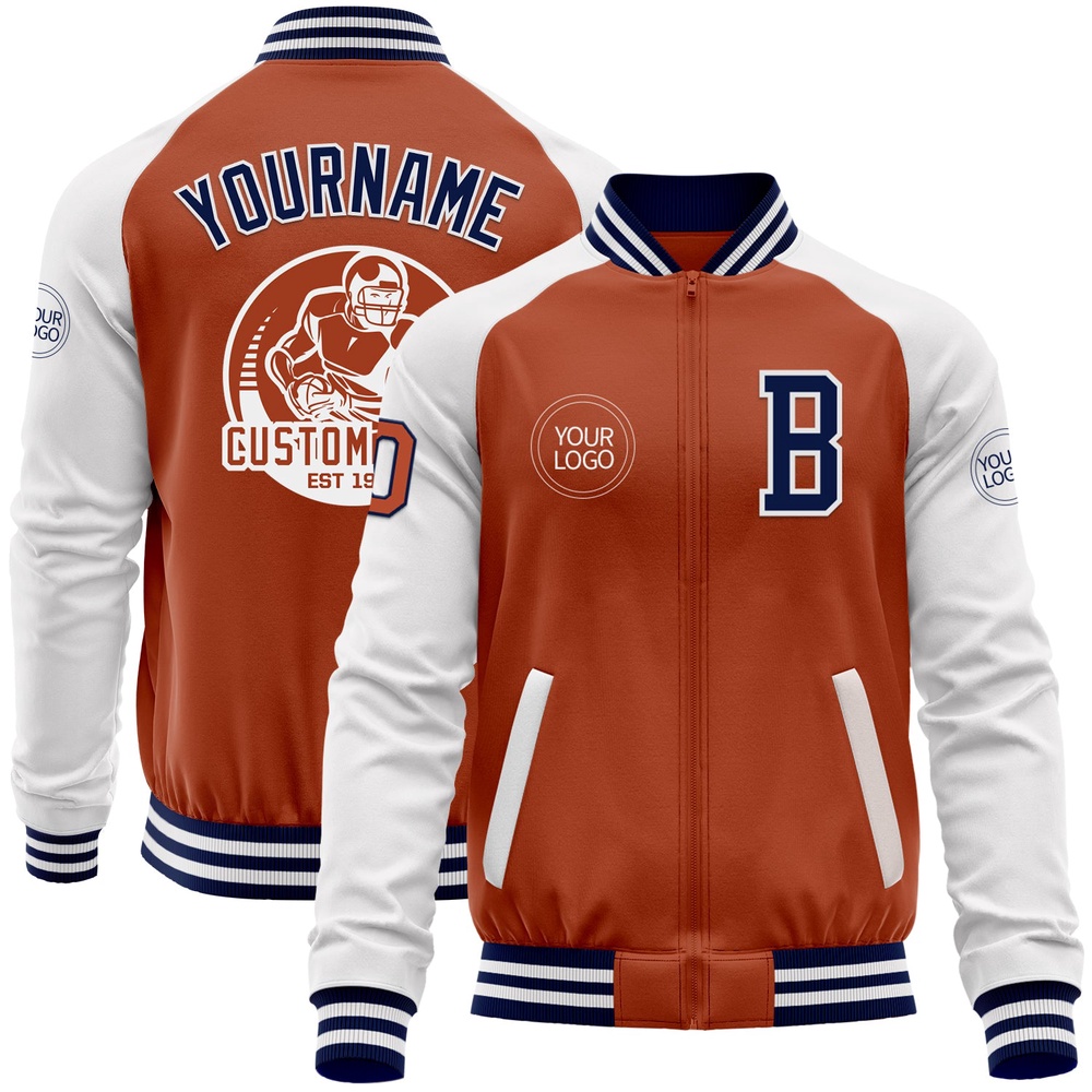 Custom Texas Orange Navy White Bomber Varsity Baseball Jacket, Custom Team Jacket Custom Texas Orange Navy White Bomber Varsity Baseball Jacket, Custom Team Jacket