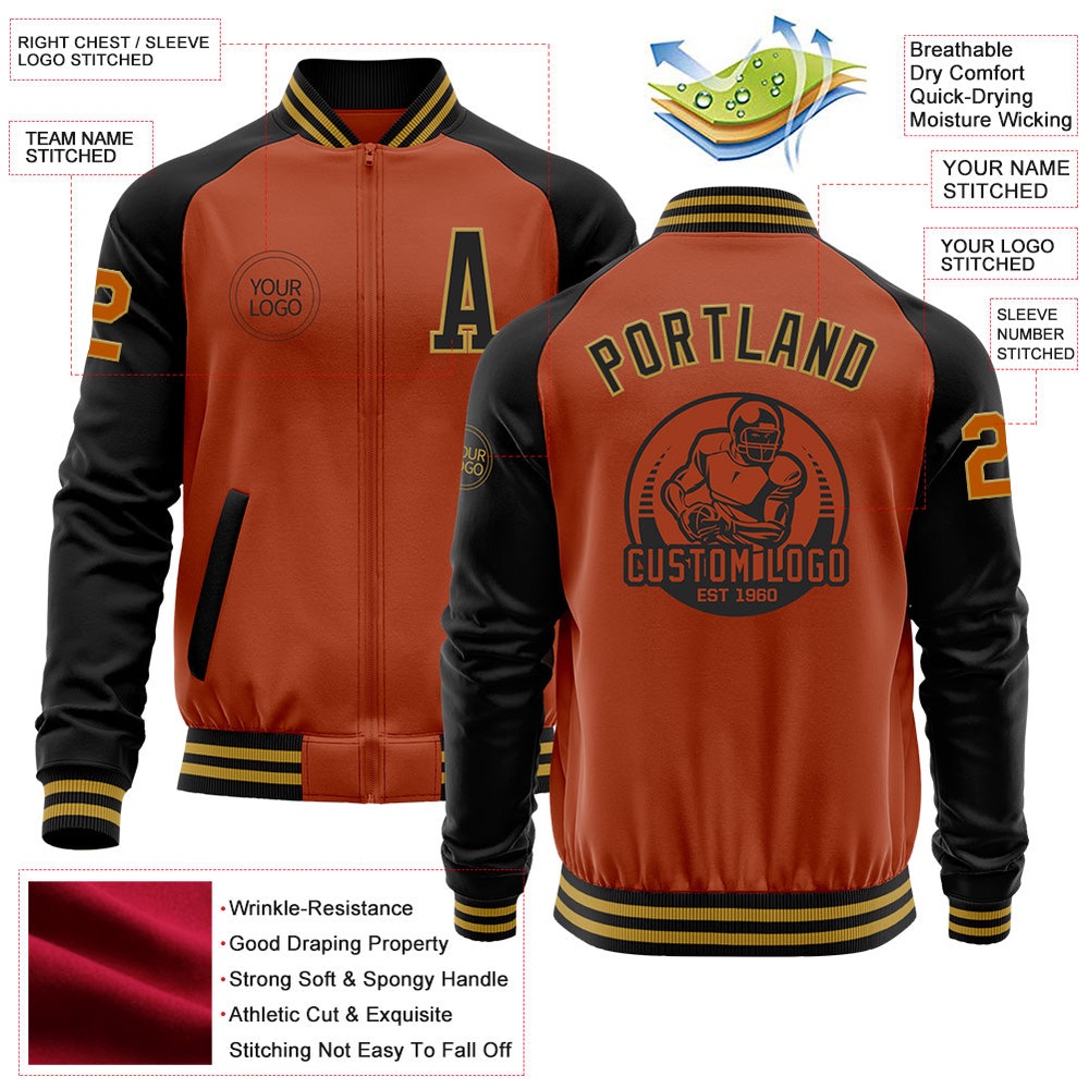 Custom Texas Orange Old Gold Black Bomber Varsity Baseball Jacket, Custom Team Jacket