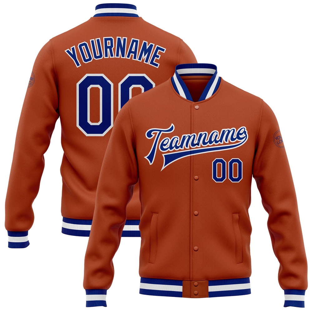 Custom Texas Orange Royal White Bomber Full Snap Baseball Jacket, Custom Team Jacket Custom Texas Orange Royal White Bomber Full Snap Baseball Jacket, Custom Team Jacket