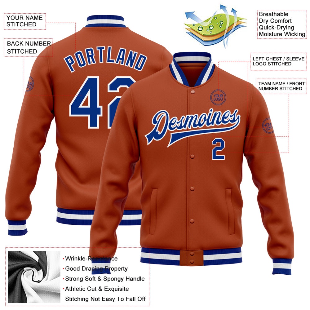Custom Texas Orange Royal White Bomber Full Snap Baseball Jacket, Custom Team Jacket Custom Texas Orange Royal White Bomber Full Snap Baseball Jacket, Custom Team Jacket