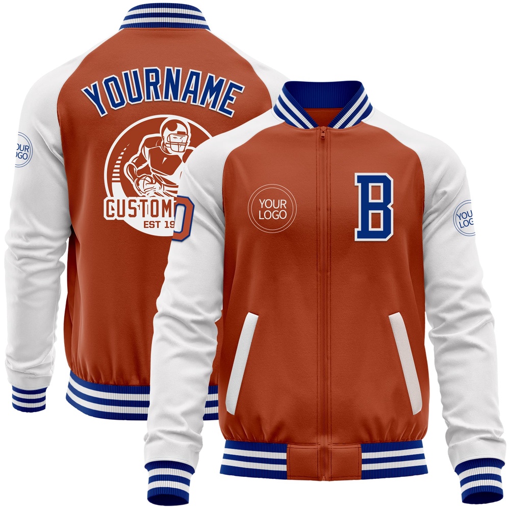 Custom Texas Orange Royal White Bomber Varsity Baseball Jacket, Custom Team Jacket Custom Texas Orange Royal White Bomber Varsity Baseball Jacket, Custom Team Jacket