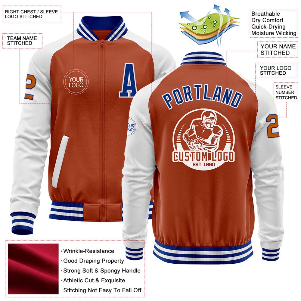 Custom Texas Orange Royal White Bomber Varsity Baseball Jacket, Custom Team Jacket Custom Texas Orange Royal White Bomber Varsity Baseball Jacket, Custom Team Jacket