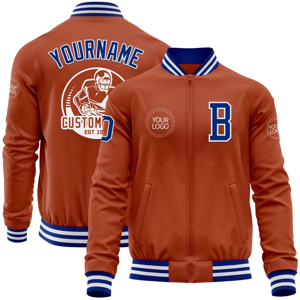 Custom Texas Orange Royal White Bomber Varsity Letterman Zipper Jacket, Custom Team Jacket
