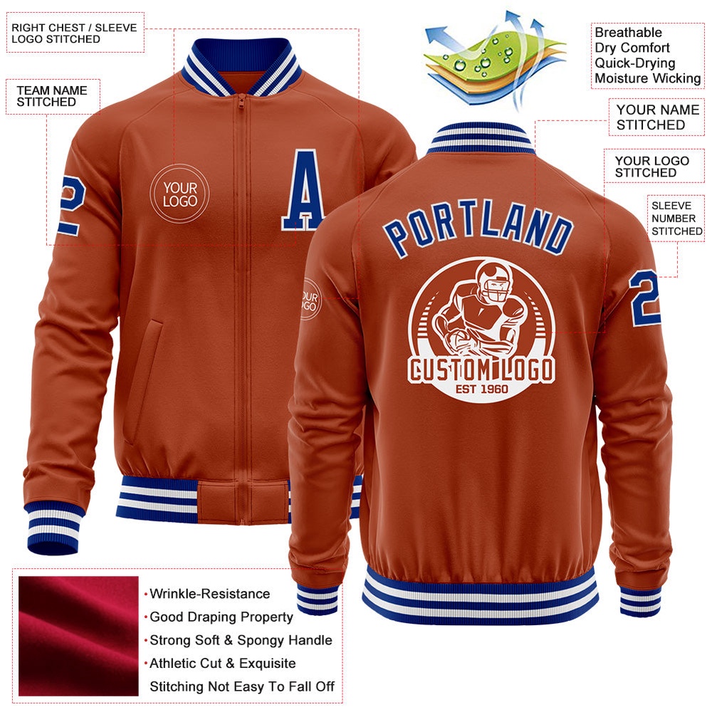 Custom Texas Orange Royal White Bomber Varsity Letterman Zipper Jacket, Custom Team Jacket