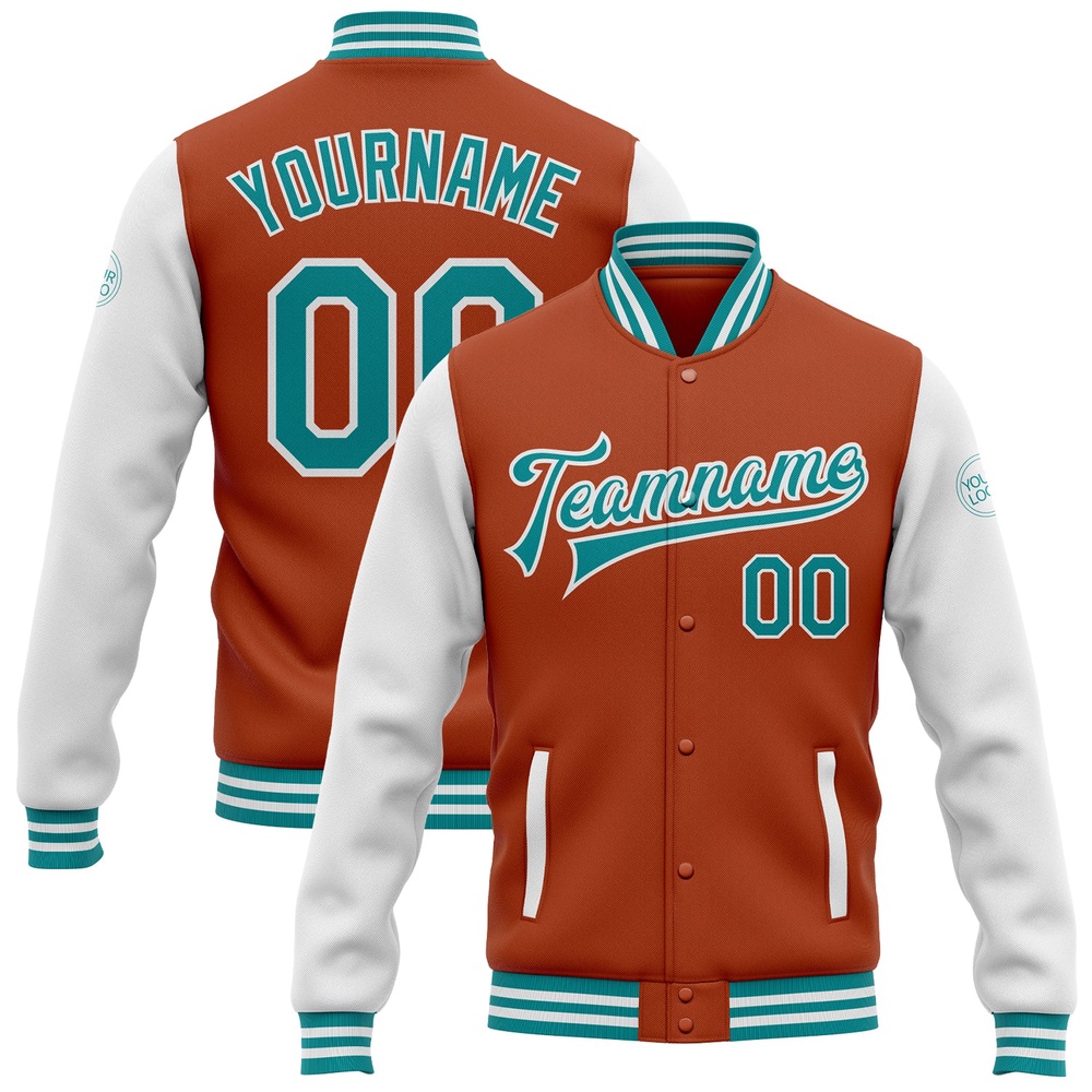 Custom Texas Orange Teal White Bomber Full Snap Varsity Baseball Jacket, Custom Team Jacket