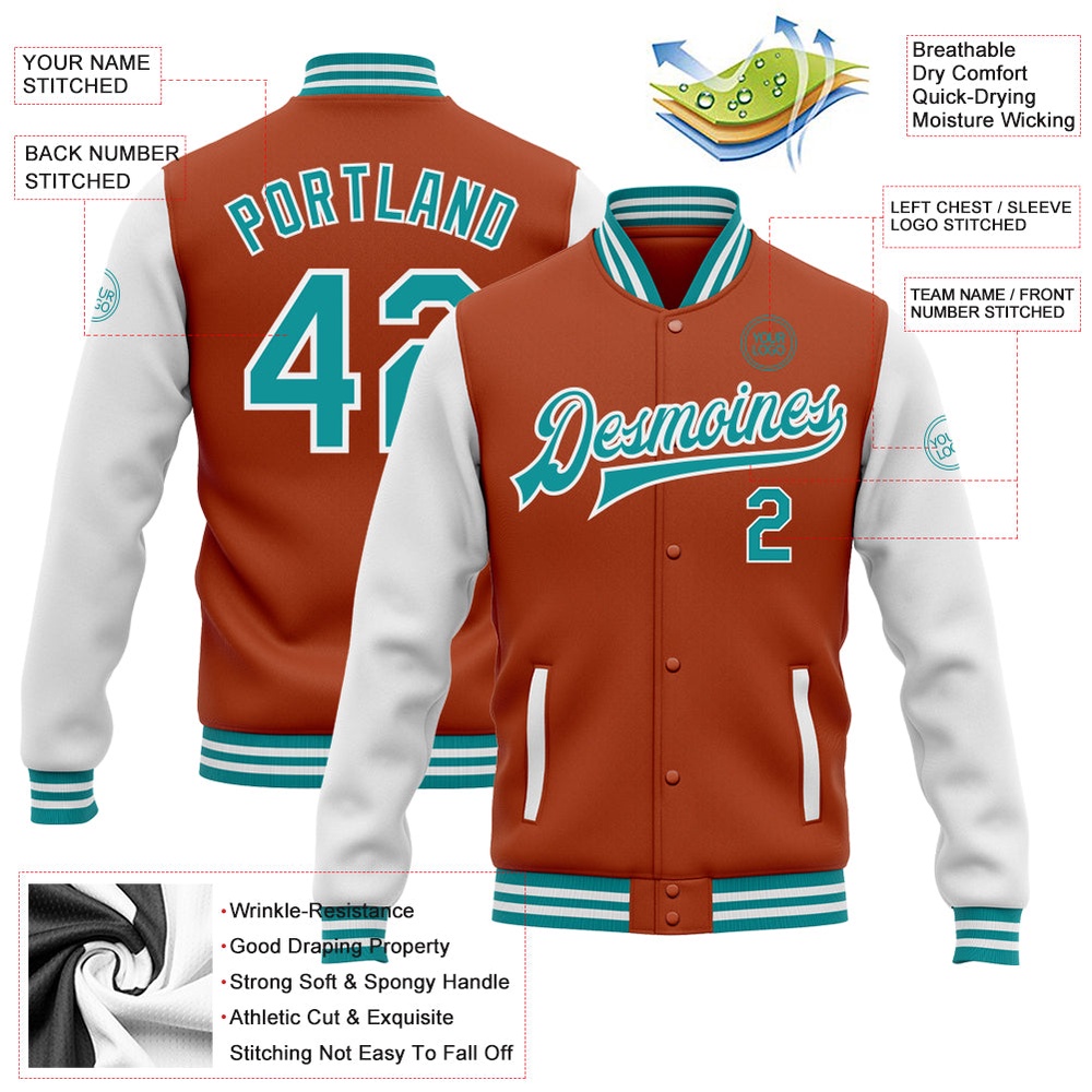 Custom Texas Orange Teal White Bomber Full Snap Varsity Baseball Jacket, Custom Team Jacket